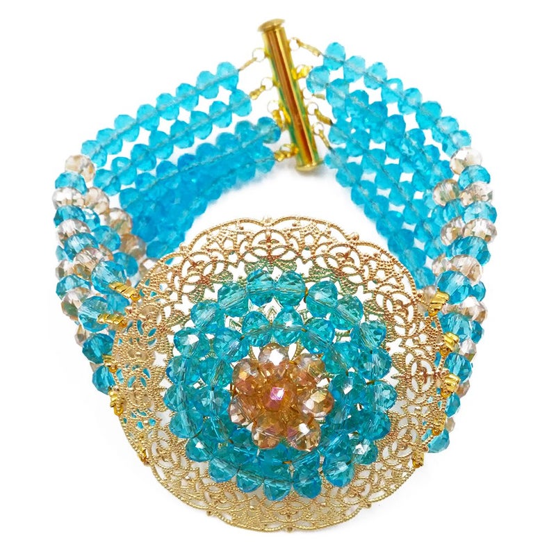 aczuv African Beads Jewelry Set 2017 Nigerian Wedding Necklace and Earrings for Women (Lake Blue Gold AB) - Image 3